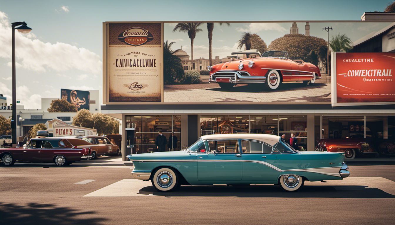 A vintage car parked outside a dealership with a billboard showcasing brand history and current commercials.