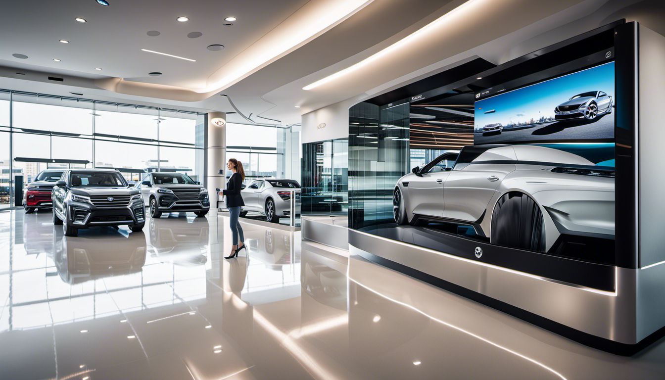 An interactive digital kiosk displaying a sleek car model in a modern car dealership with diverse customers.