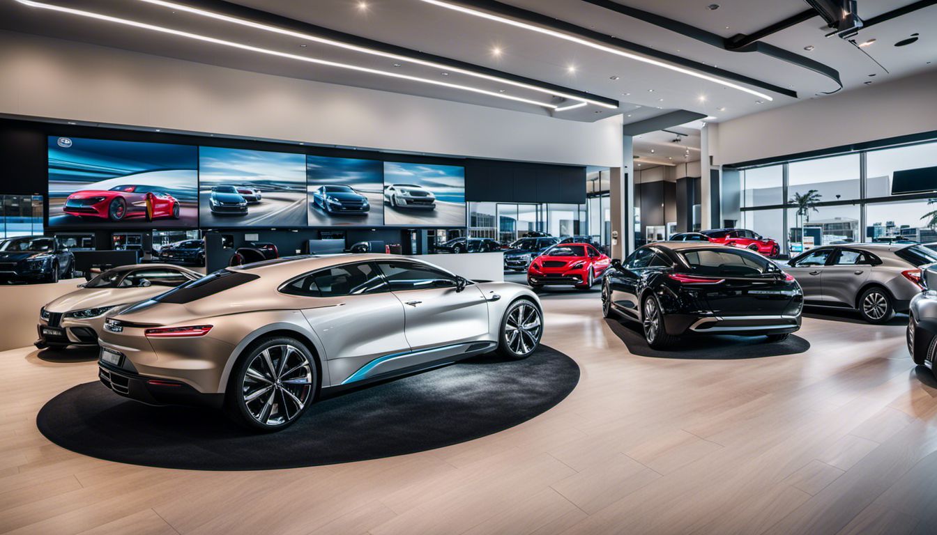 A dealership showroom with a digital display showcasing new car models in a bustling atmosphere with diverse people.