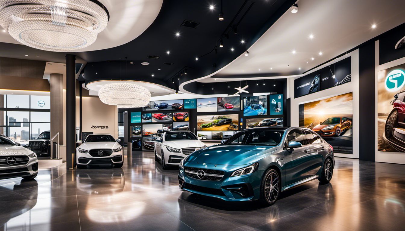 The image features a modern car showroom with digital signage displaying car promotions, showcasing a variety of people and car styles.