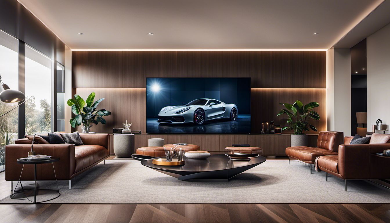 A modern TV screen in a stylish lounge area displaying highly detailed images of cars, people, and outfits.