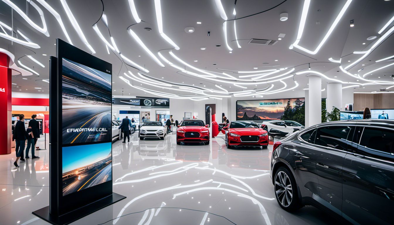 A digital signage display in a car showroom capturing various faces, hairstyles, and outfits in a bustling atmosphere.