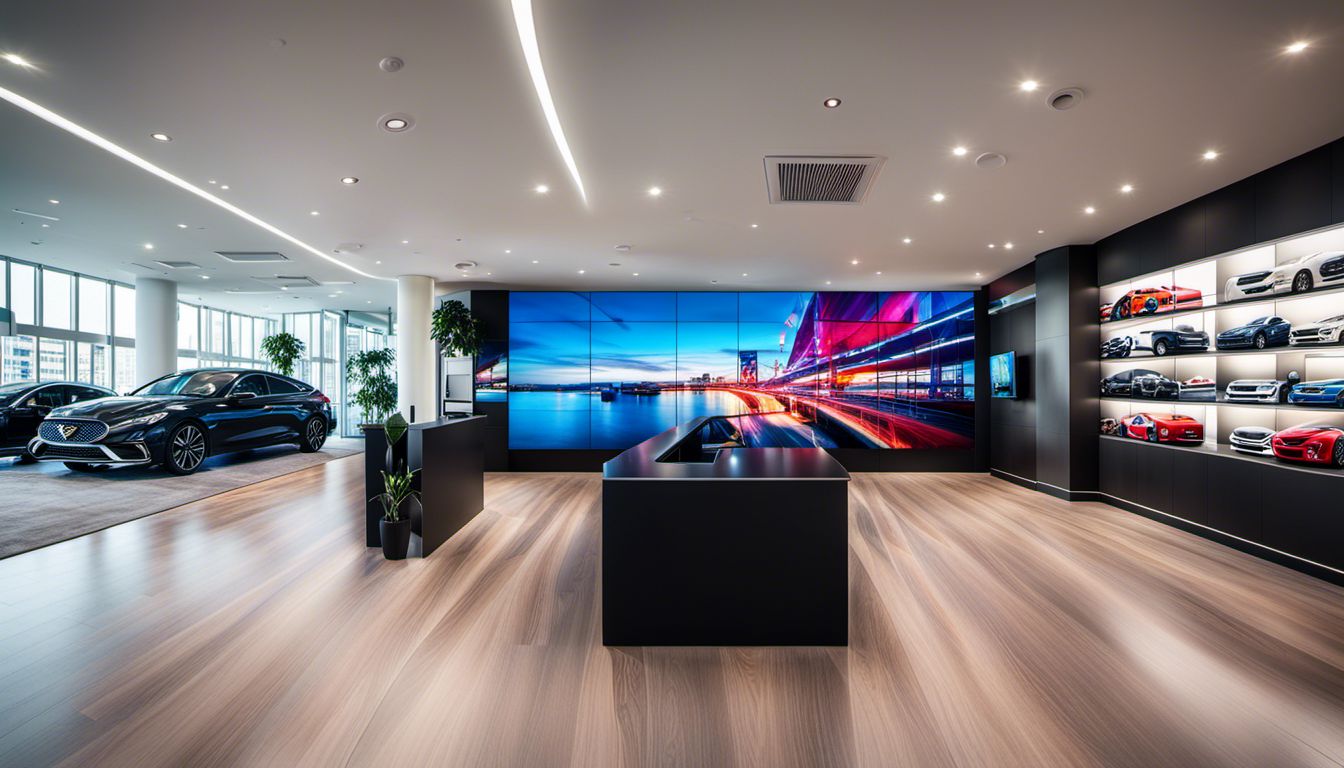 A video wall in a car dealership showroom displays brand videos and commercials amid a bustling atmosphere.