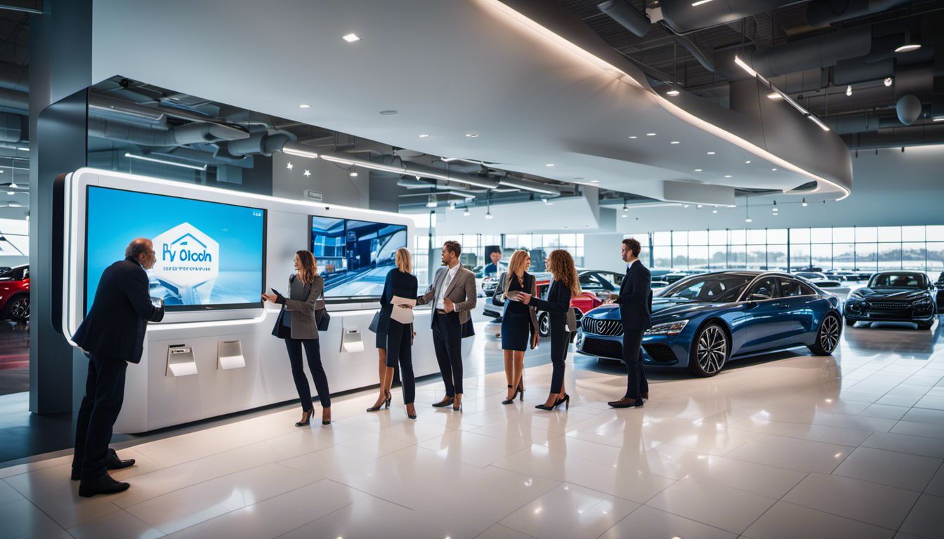 Diverse group interacts with interactive kiosk at modern car dealership in bustling atmosphere. Well-lit, natural lighting.