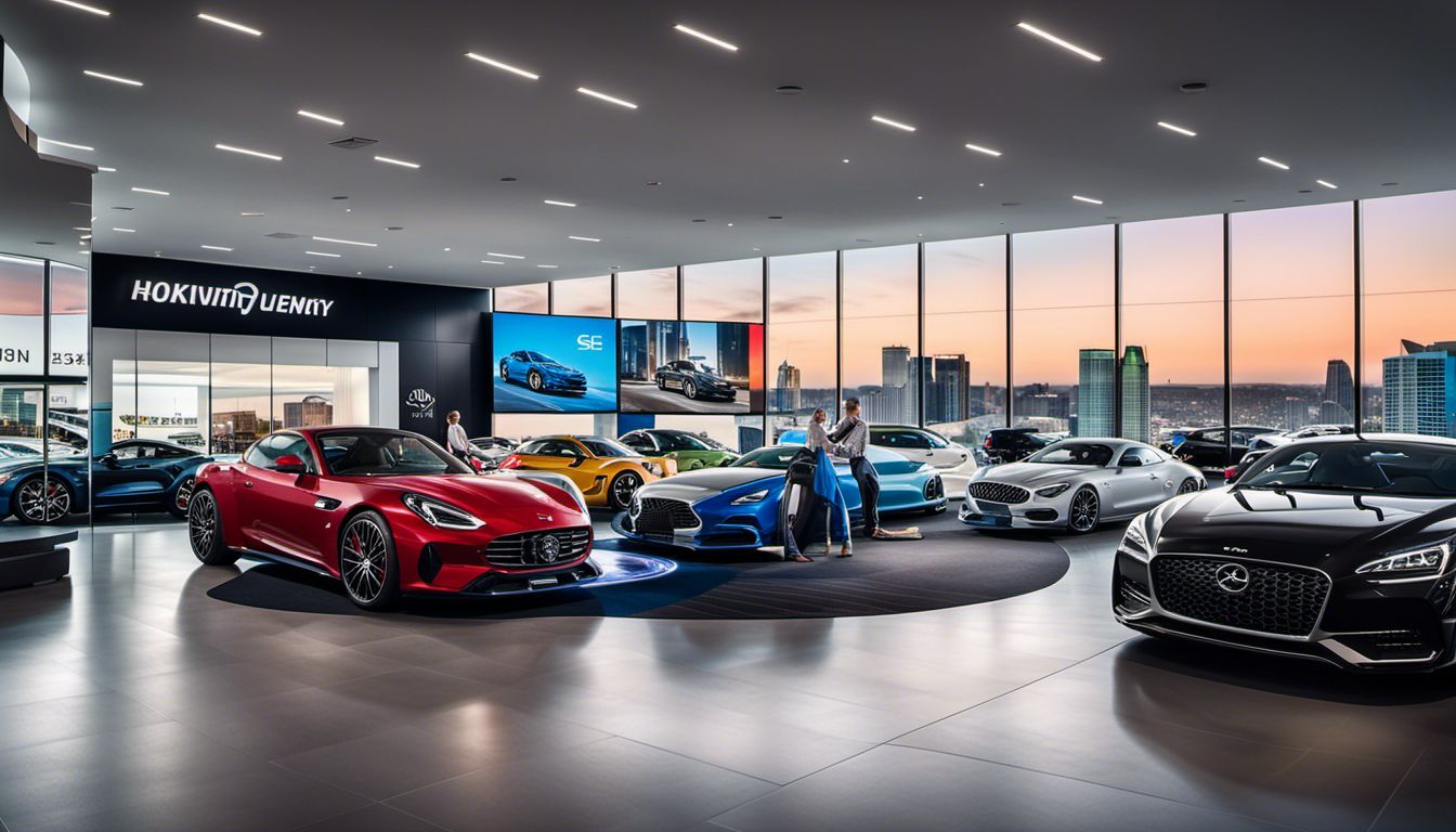 A dealership showroom with a large video wall displaying car brand videos, surrounded by diverse people and a cityscape.