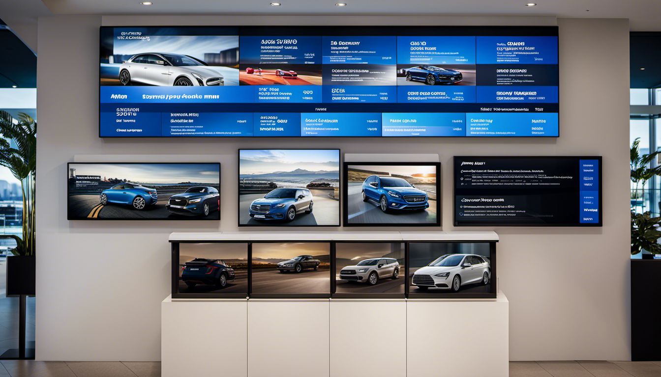 A digital screen displays a modern dealership service pricing menu in a contemporary car showroom with diverse customers.