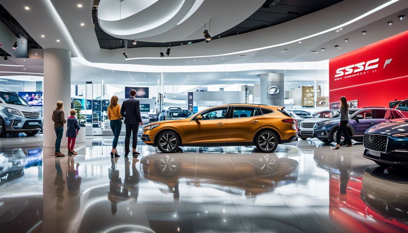 A diverse Caucasian family explores a car showroom surrounded by digital signs, capturing the bustling atmosphere.