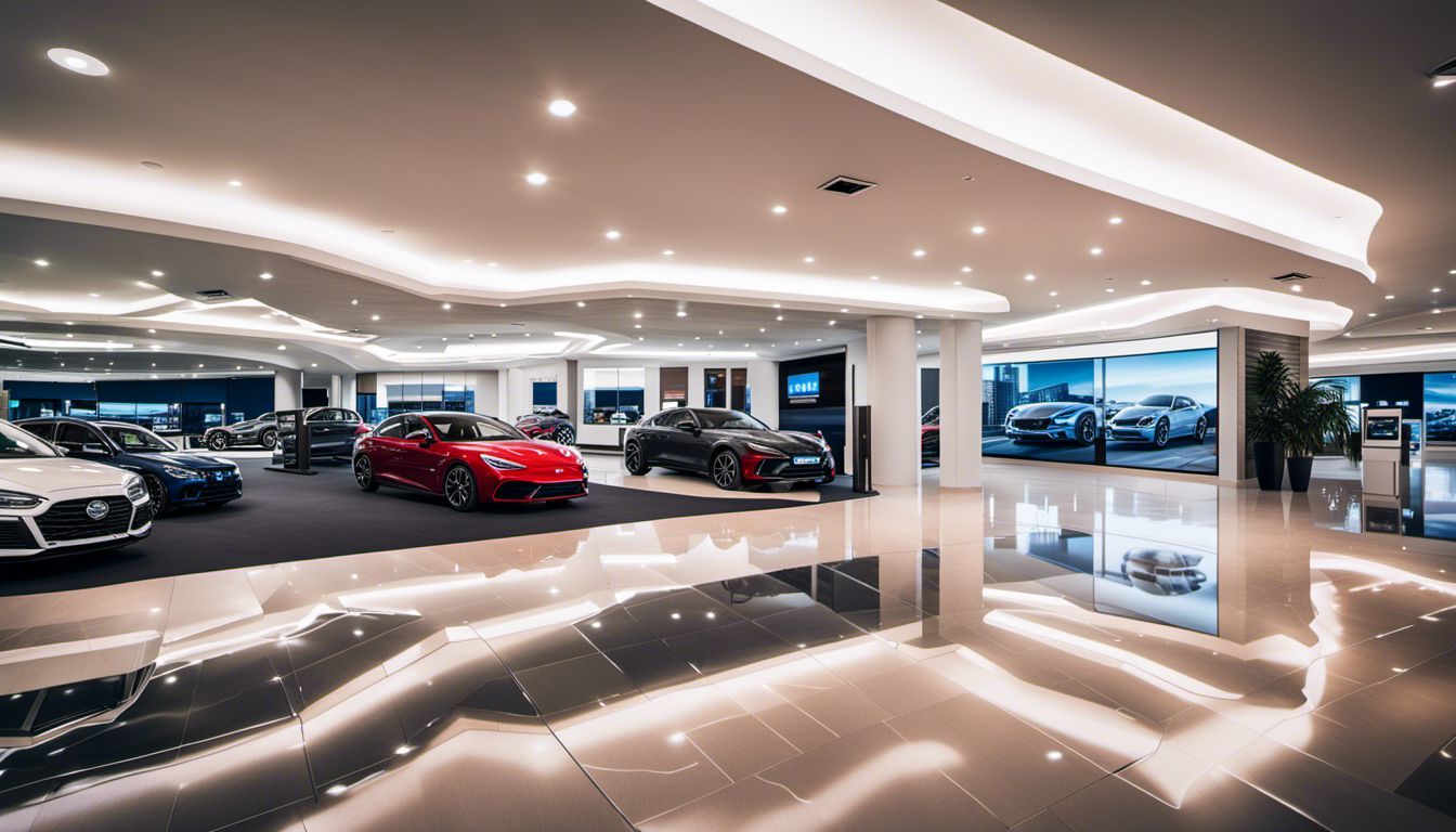 Photography of a car dealership showroom with interactive digital signage and diverse customers.