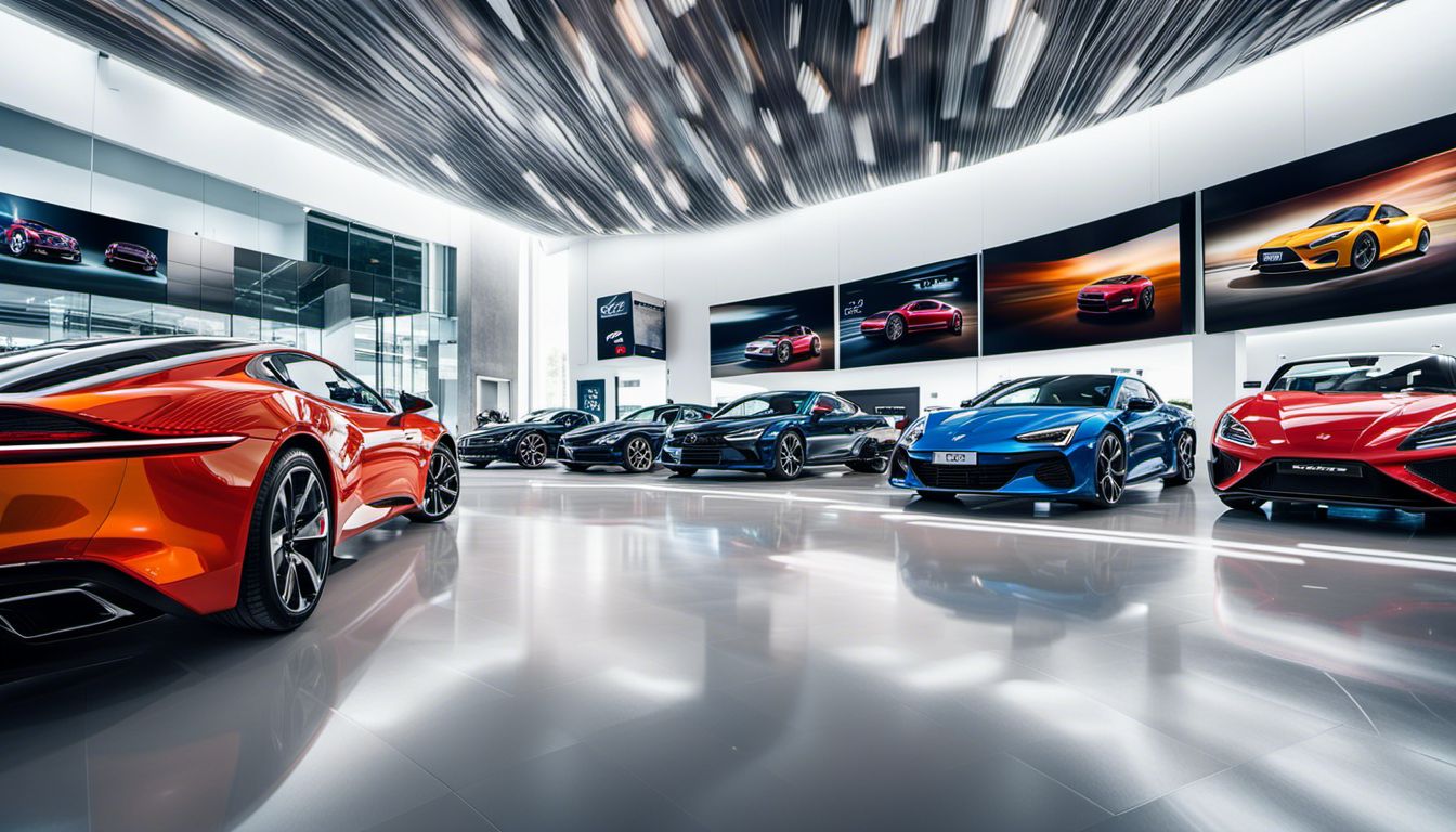 A photograph of car advertisements displayed on digital screens in a modern showroom with a bustling atmosphere.
