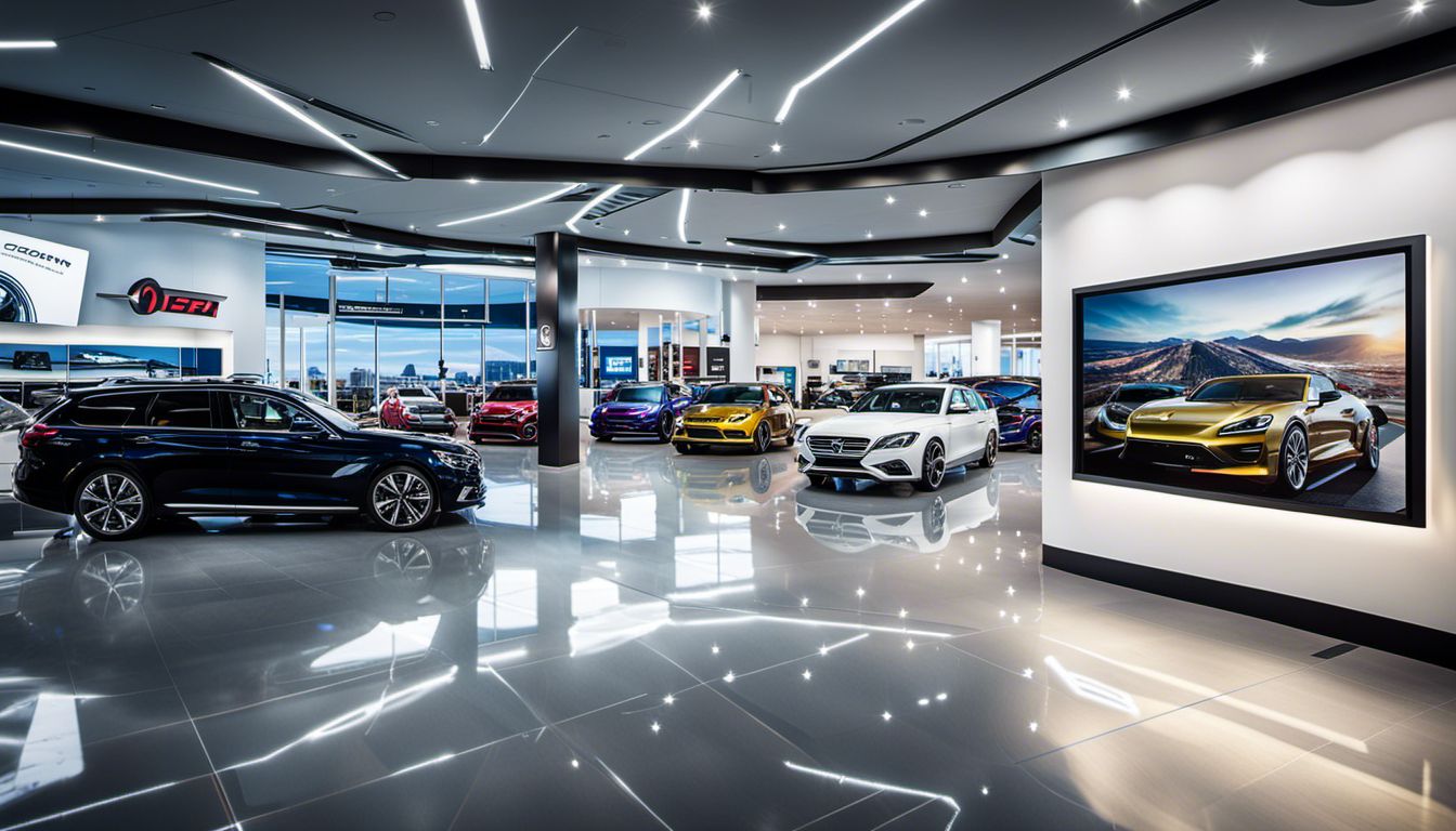 Photography of a car dealership showroom with digital sign showcasing new models and features, featuring diverse people and vibrant cityscape.