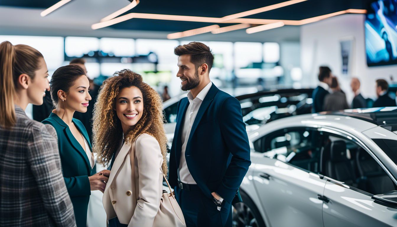 Diverse customers in a modern car showroom with high-tech digital displays surrounded by a bustling atmosphere.