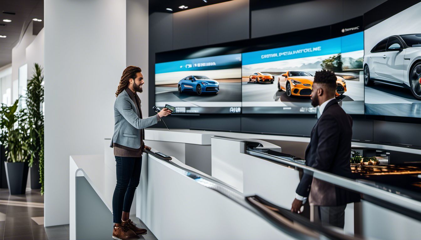 A customer in a car dealership waiting area looks at a digital signage screen with a bustling cityscape.