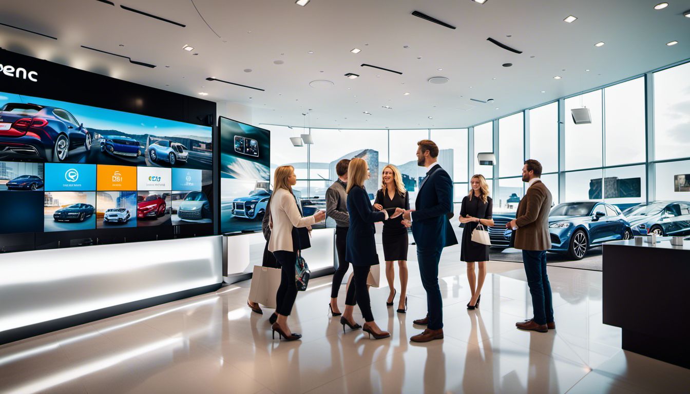 Diverse customers engage with interactive digital signage in a modern car dealership showroom, creating a bustling and vibrant atmosphere.
