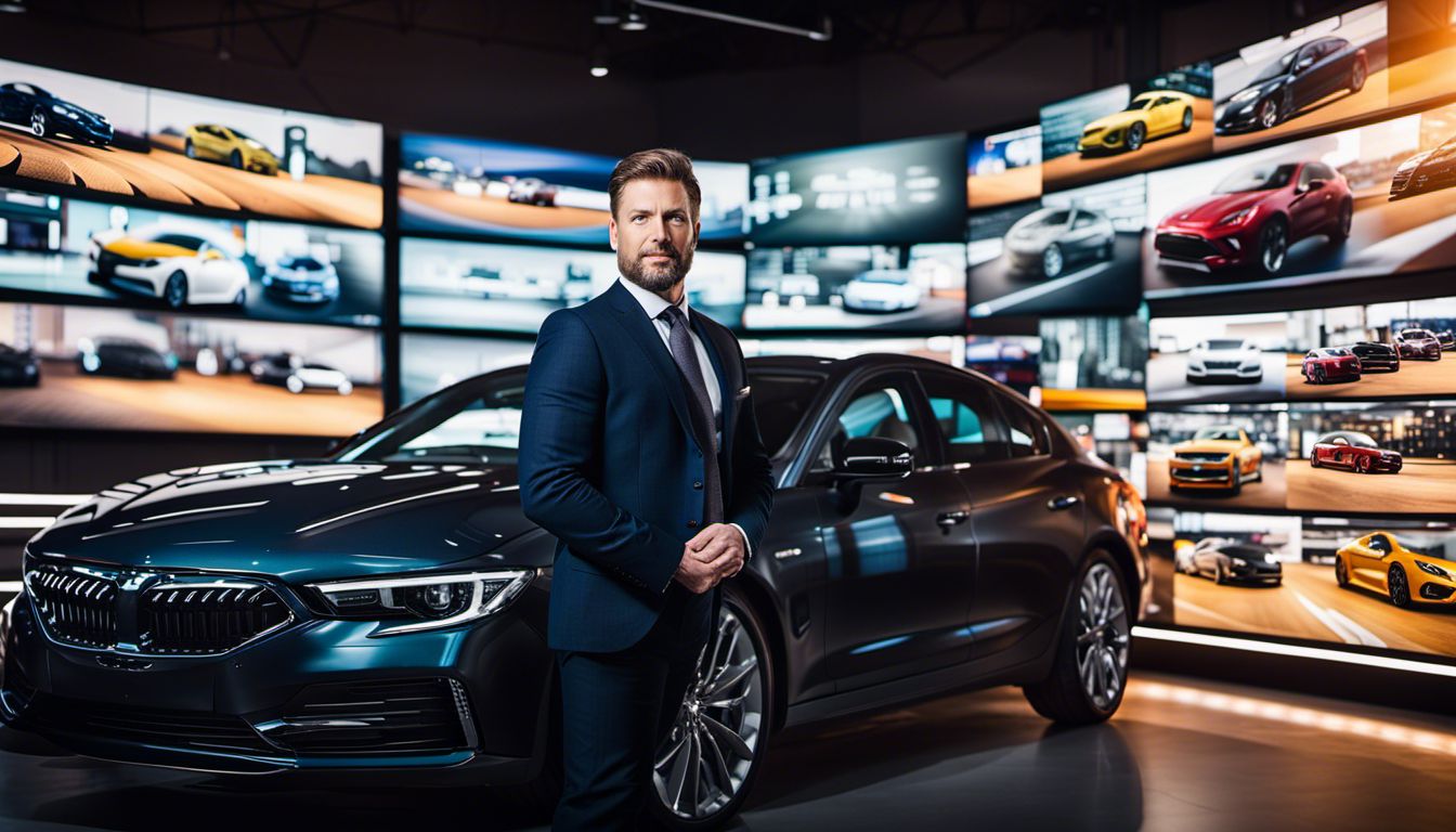 A car salesperson in a well-lit studio showcases inventory and pricing on digital displays, with highly detailed features.