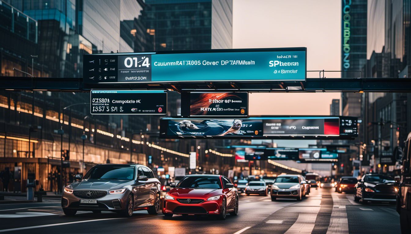 A digital sign displays cars and information in a bustling cityscape, featuring a diverse group of people and a sleek modern design.