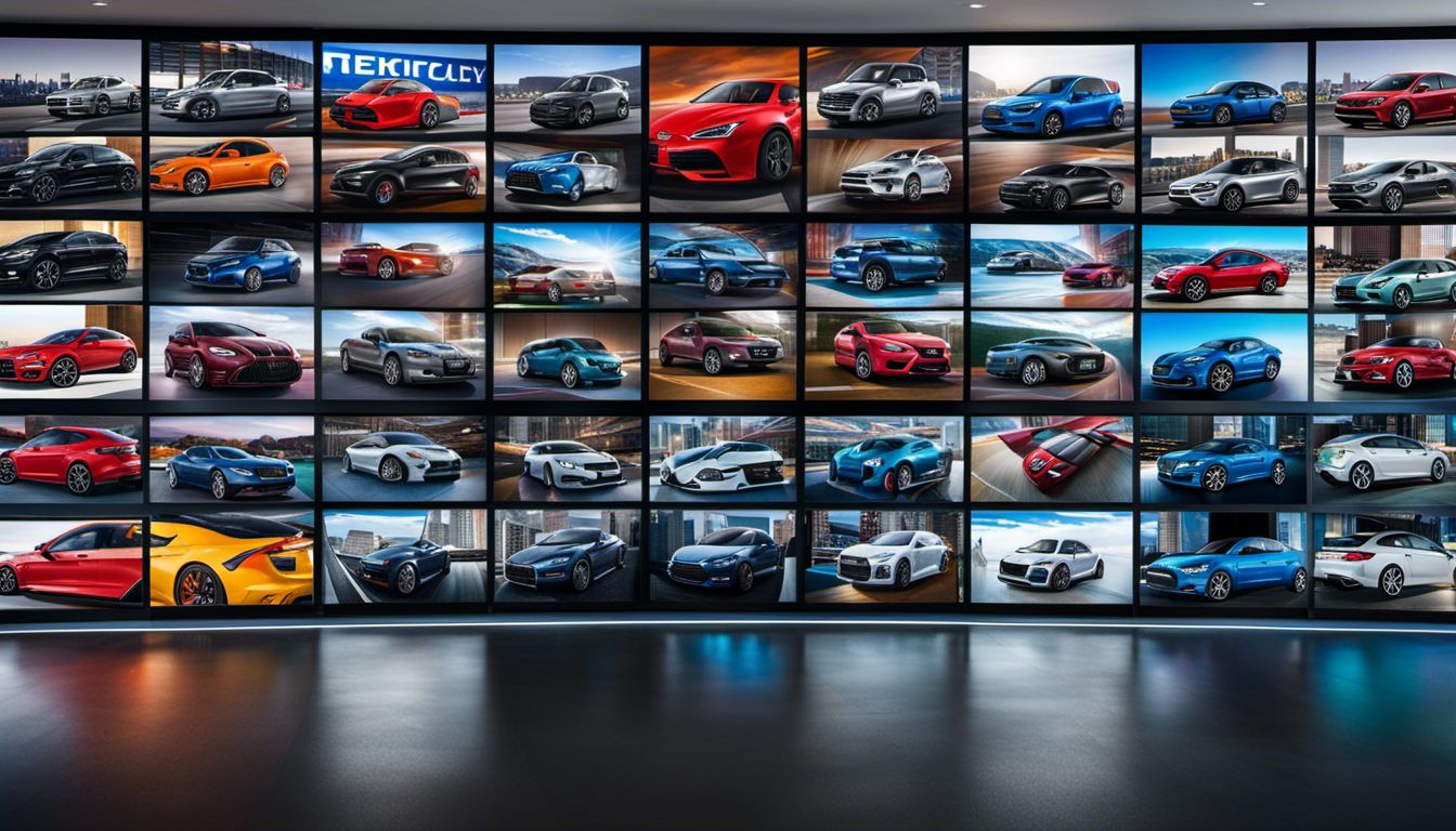 Multiple screens display vibrant car images in a dealership's video wall, with a bustling atmosphere and diverse faces.