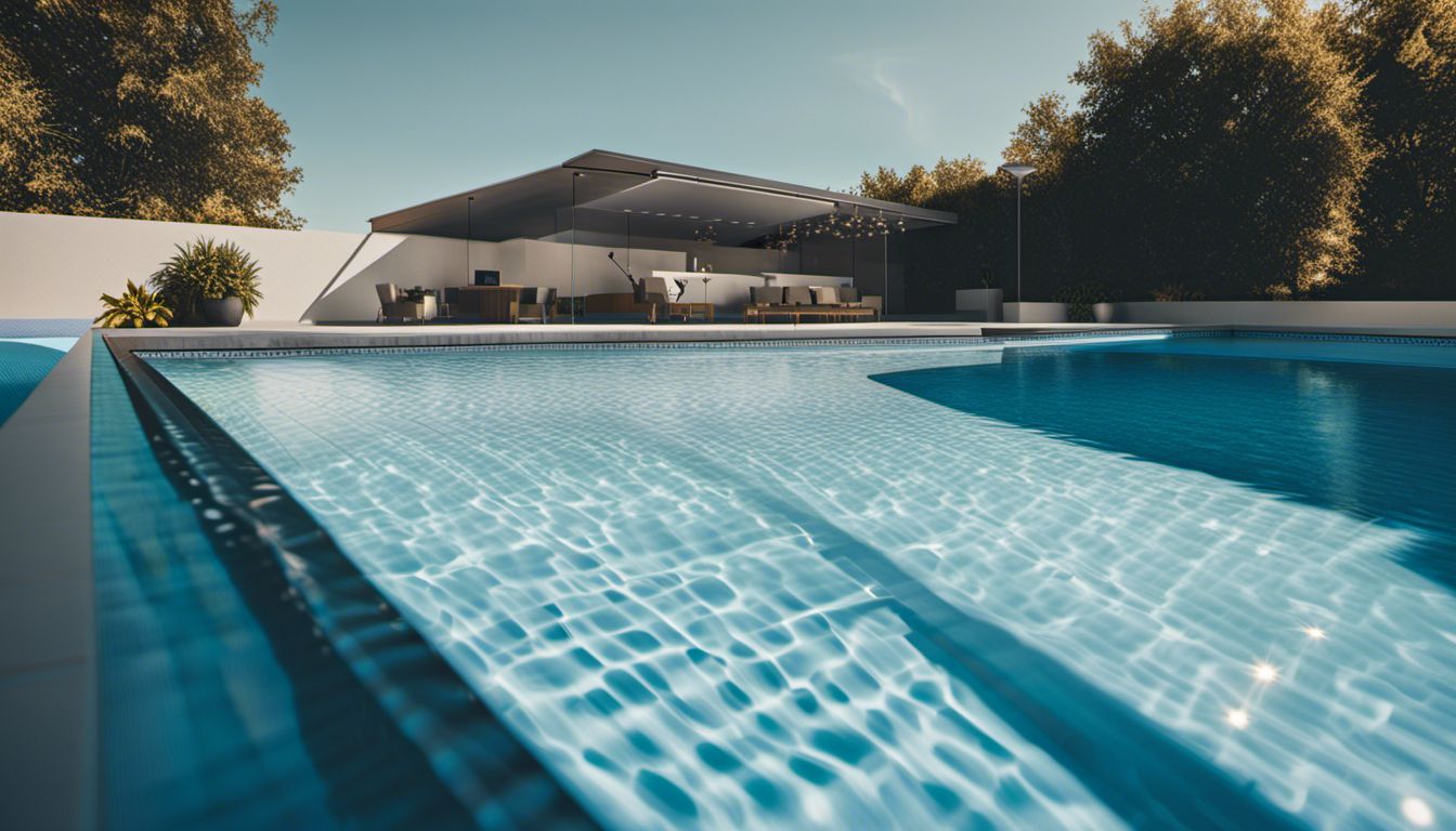 Sparkling blue swimming pool protected by a solid pool cover.