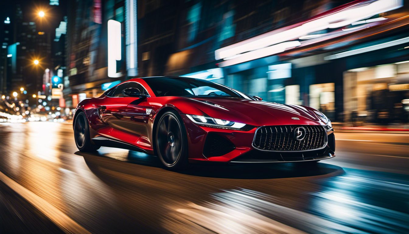 A luxury car zooms through a city street at night.