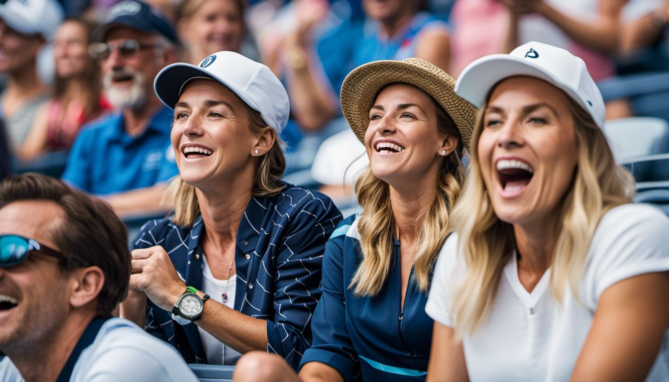 Diverse group of tennis fans cheering at the US Open.