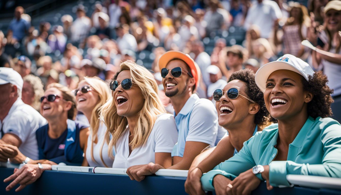 Diverse group of tennis fans cheering in a crowded stadium.