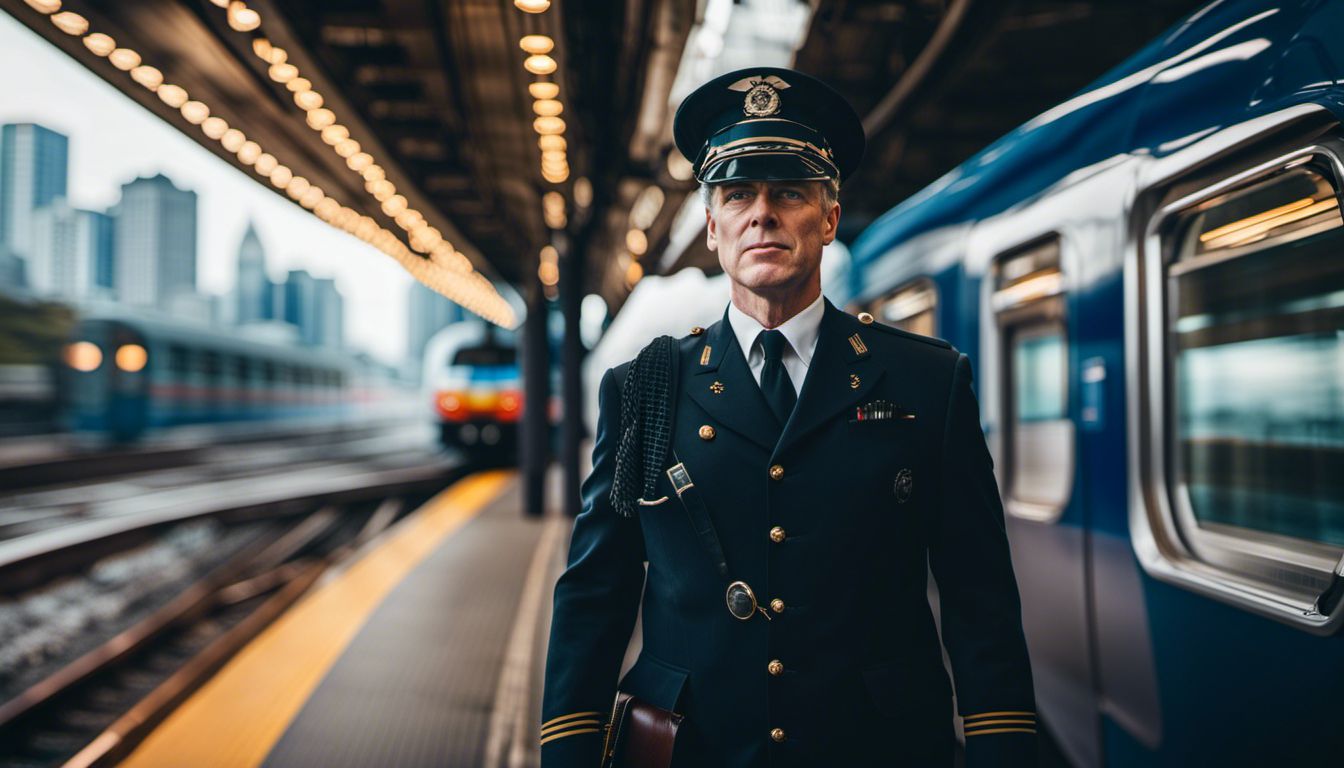 A diverse train conductor in front of a moving train, captured in high-quality photography.