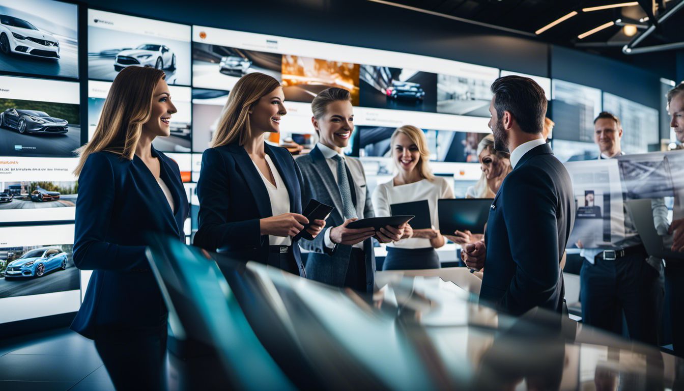 A diverse dealership sales team reviews interactive reports on a large digital screen in a bustling atmosphere.