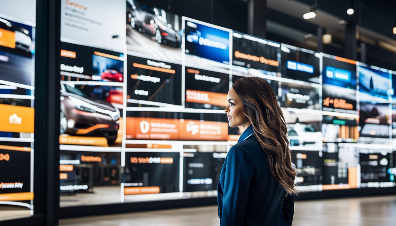 A dealership employee uses a digital sign to view real-time CRM and inventory updates in a bustling atmosphere.