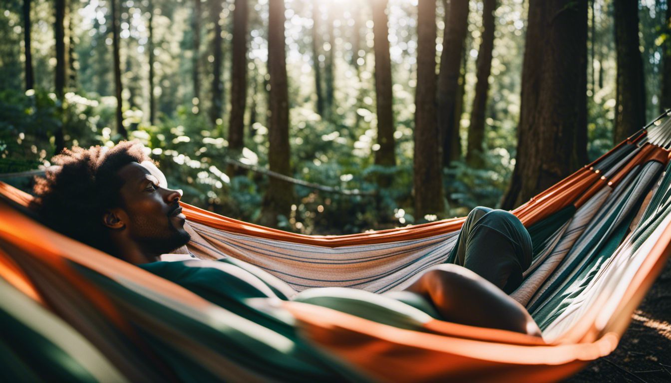 A person relaxes in a hammock in a lush forest surrounded by nature.