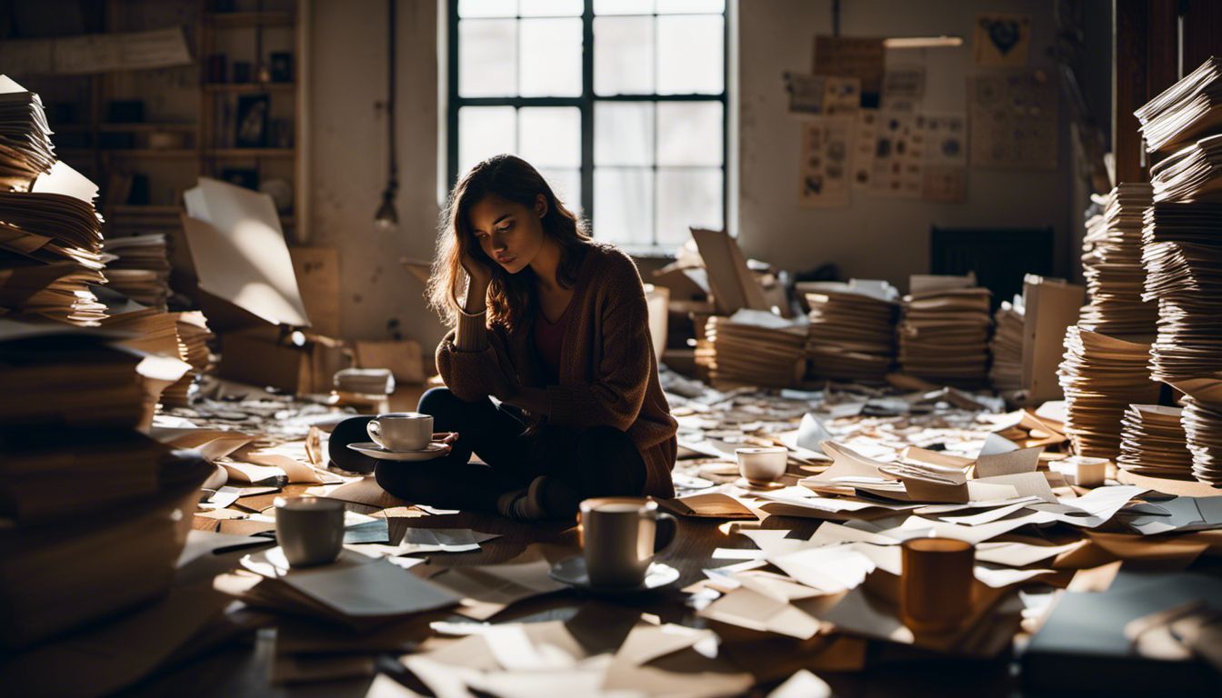Person in cluttered room surrounded by papers, coffee cups, and photography equipment.