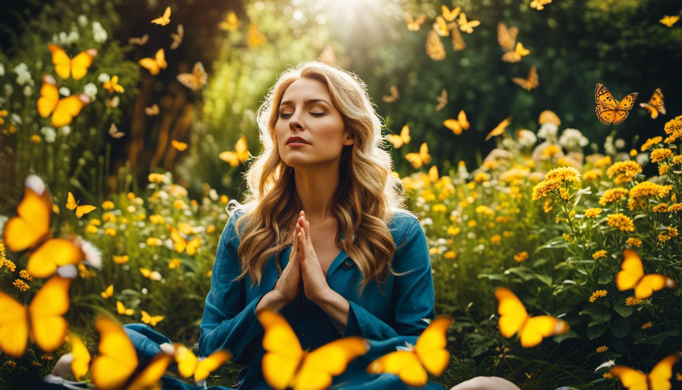 Person meditating surrounded by yellow butterflies in a vibrant garden.