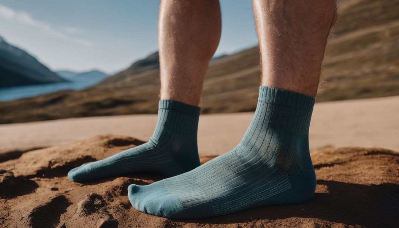 Close-up of person wearing ethical sustainable socks, showcasing natural materials and eco-friendly packaging.