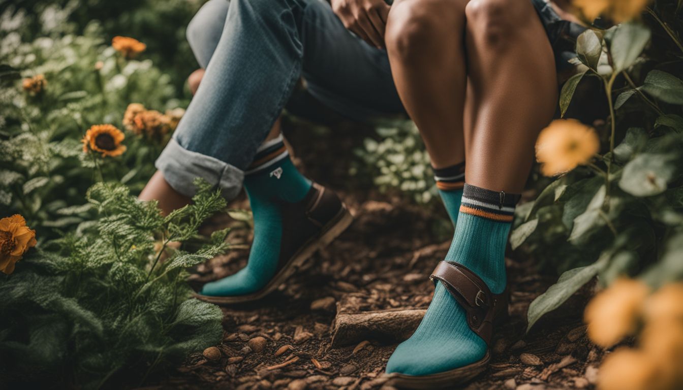 A vibrant photo of eco-friendly socks in a lush garden.