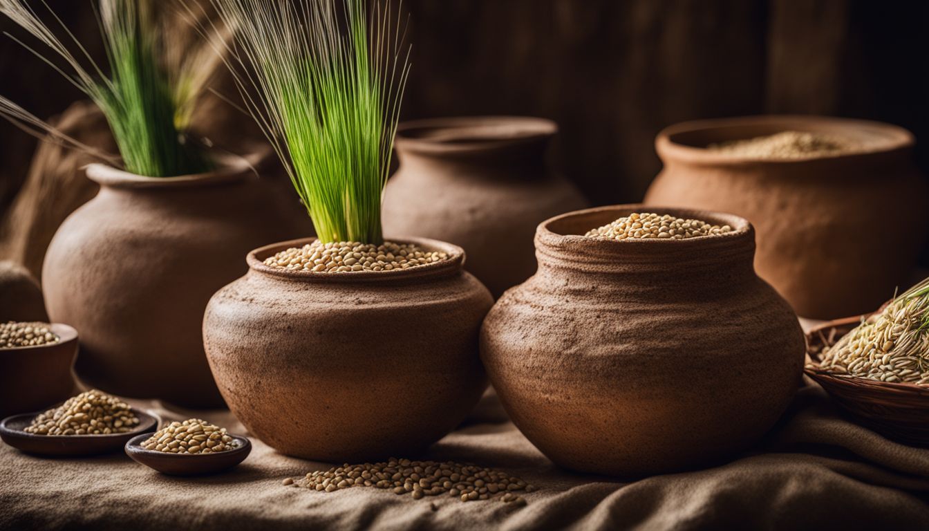 A photo of ancient clay vessels filled with sprouted barley and raw ingredients.