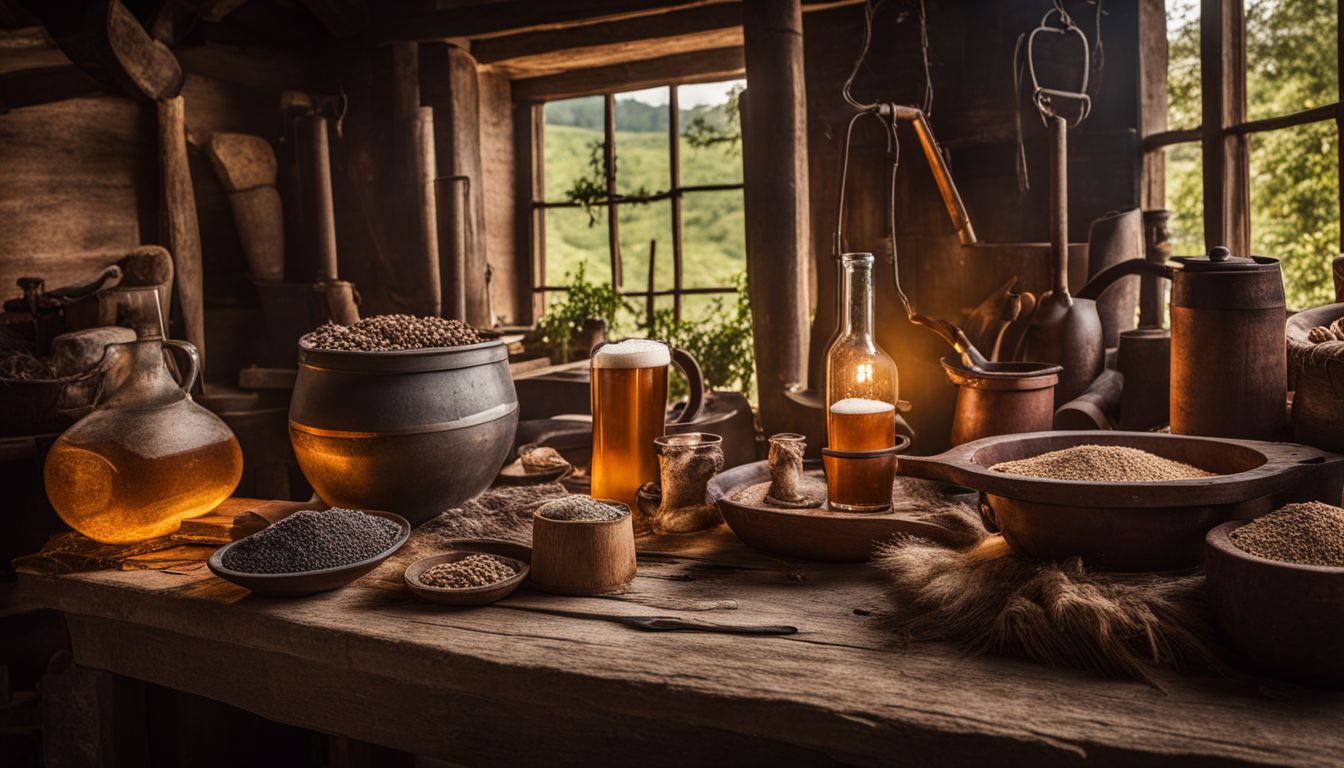 A rustic farm scene with ancient beer brewing tools and ingredients.