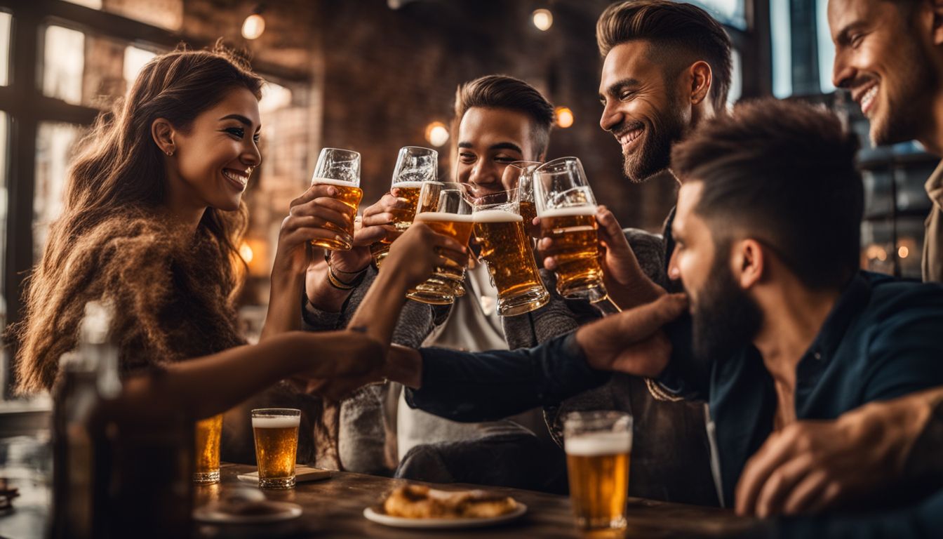 A diverse group of people toasting with various types of beer.