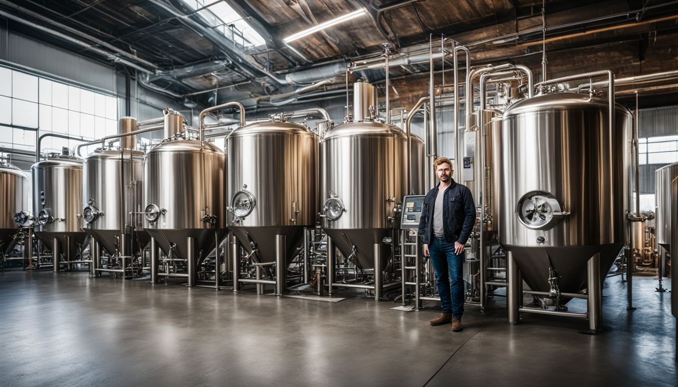 A brewery worker surrounded by modern brewing equipment in a busy atmosphere.