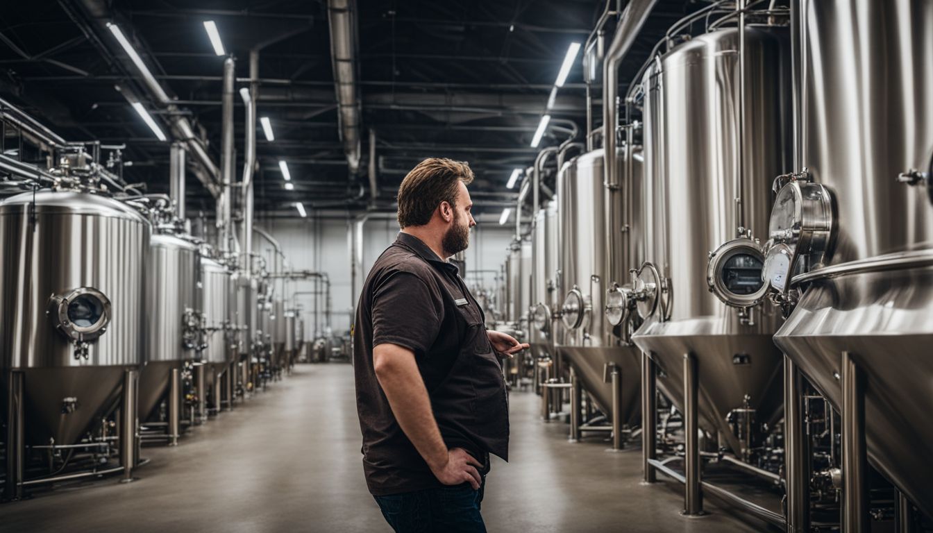 A brewmaster inspecting modern brewing equipment in a large industrial facility.