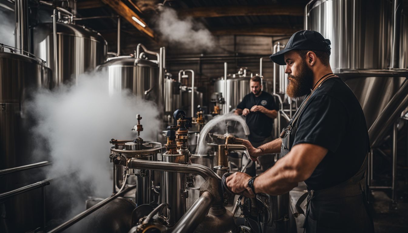 A brewer inspecting a steam-powered boiling system in a well-lit brewery.