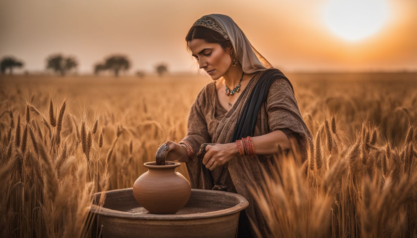 An ancient Mesopotamian woman pouring beer in a wheat field.