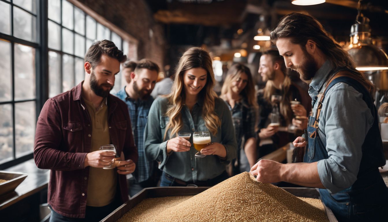 A diverse group of brewers inspecting grains and adjuncts.