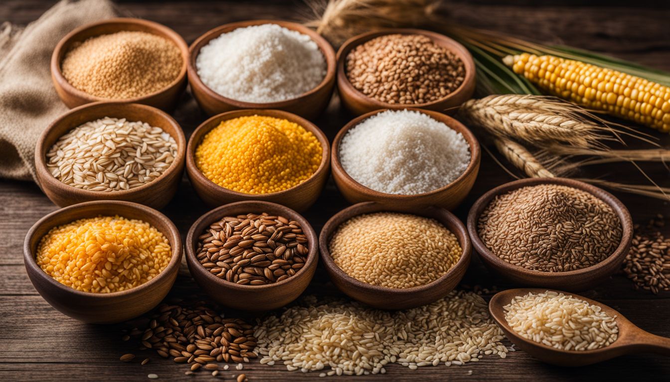 Close-up photo of grains in rustic setting with varied human subjects.