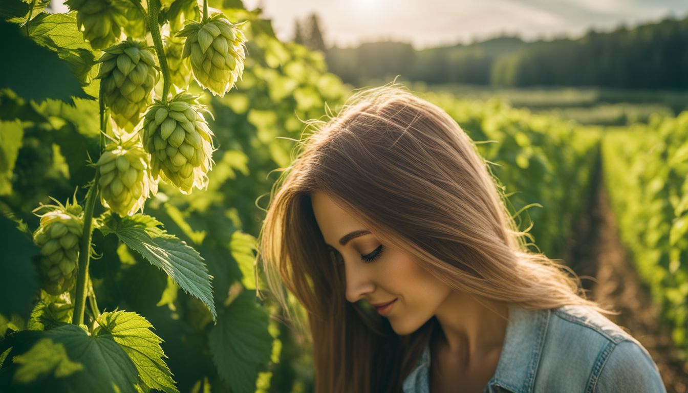 A photo of diverse people working in a hop field.