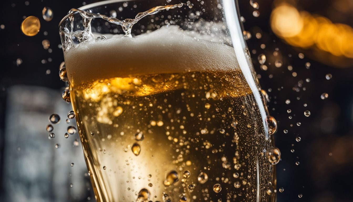 Close-up of water droplets falling into a glass of beer.