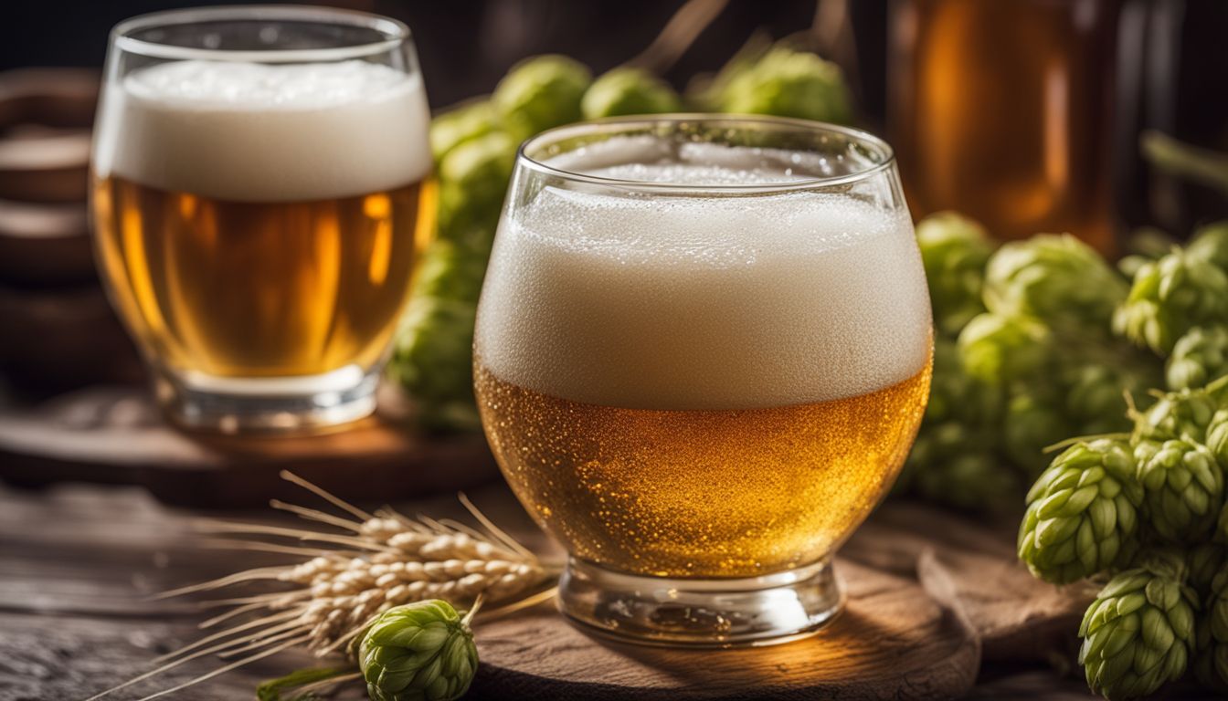 Close-up of bubbling beer in glass with hops and barley.