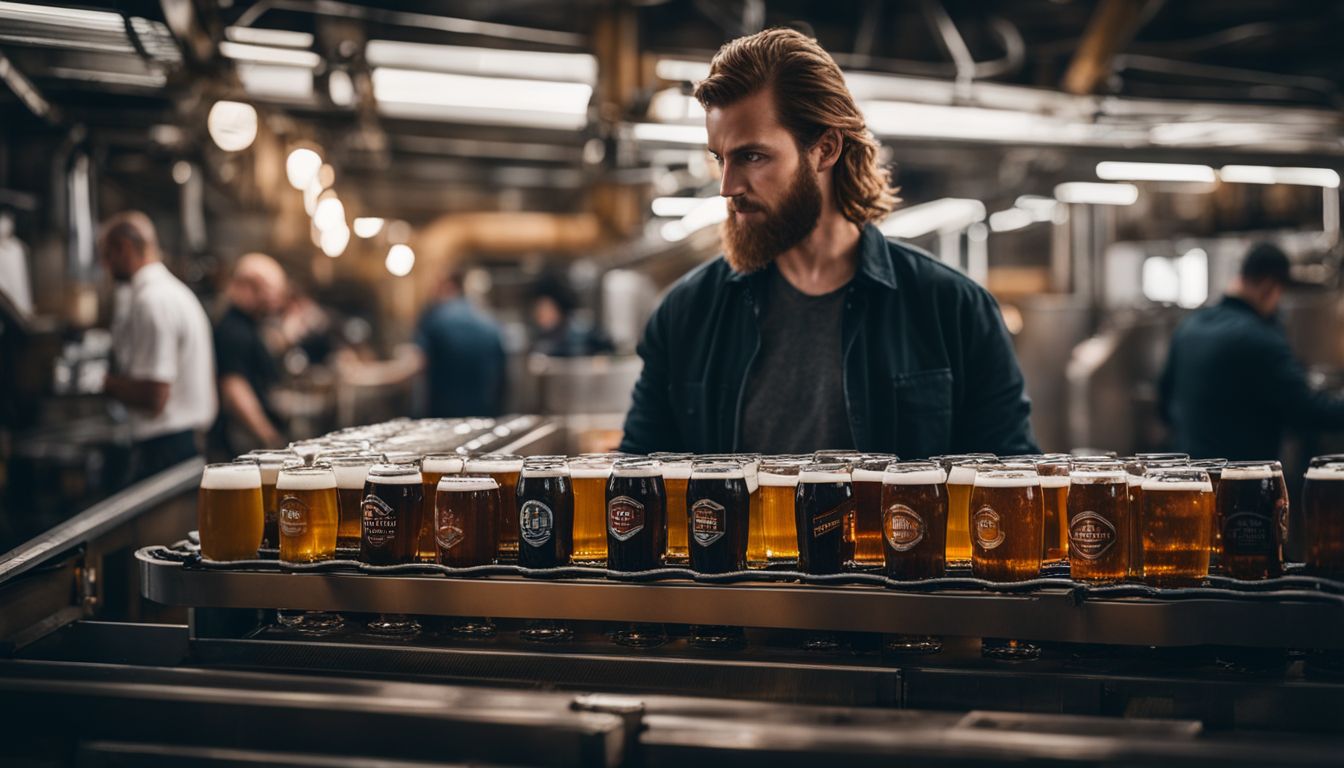 Brewery worker inspecting bottles of beer on a conveyor belt.