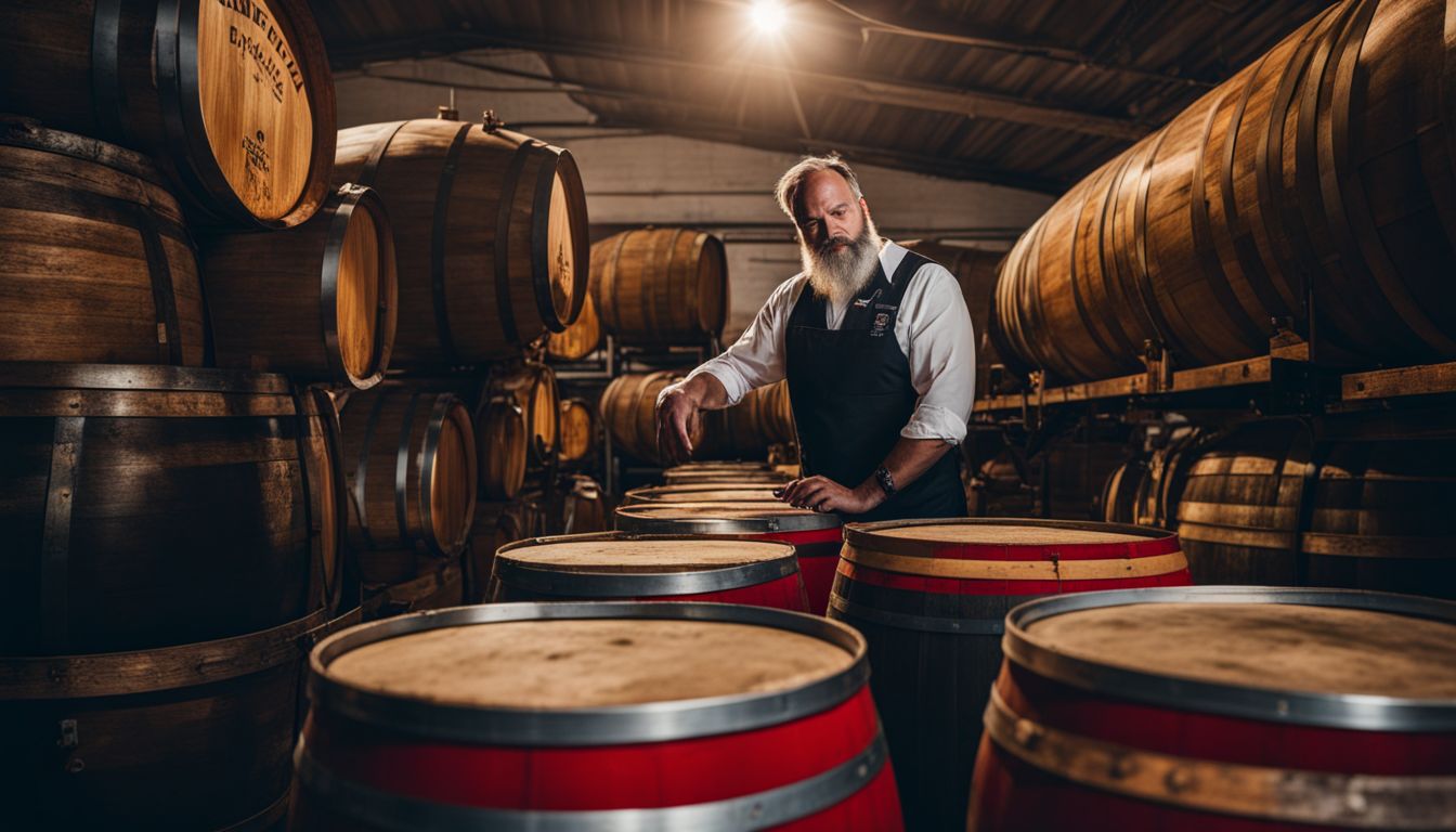 A brewmaster inspects beer barrels in a traditional brewery.