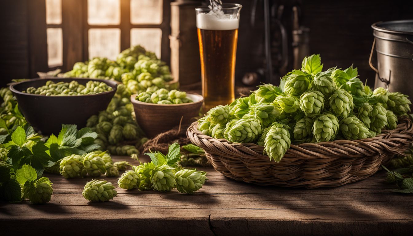 Freshly picked hops surrounded by brewing equipment in a rustic setting.