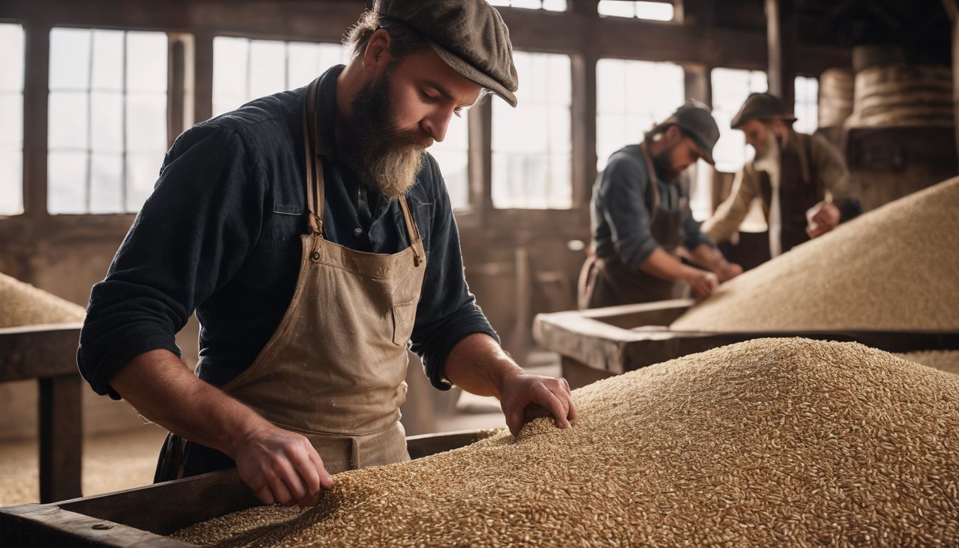 A worker manually milling barley in a bustling industrial environment.