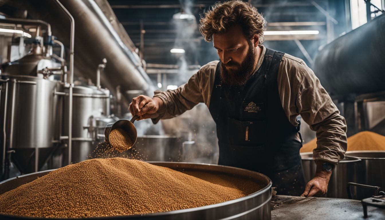 A brewer stirring malted grains in a brewery with different people.