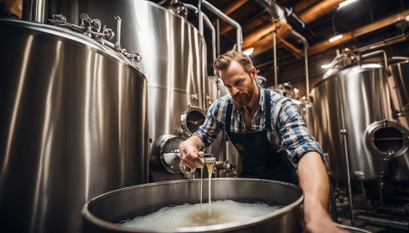 A brewer pouring wort into a fermentation tank in a bustling brewery.